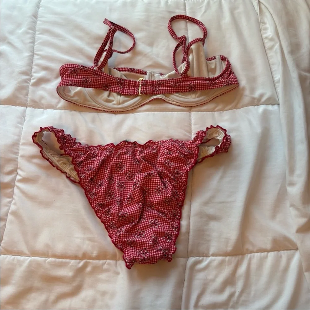 Frankie's Bikinis x Pink Rosalind Red Gingham Floral Top & Rosemary Bikini